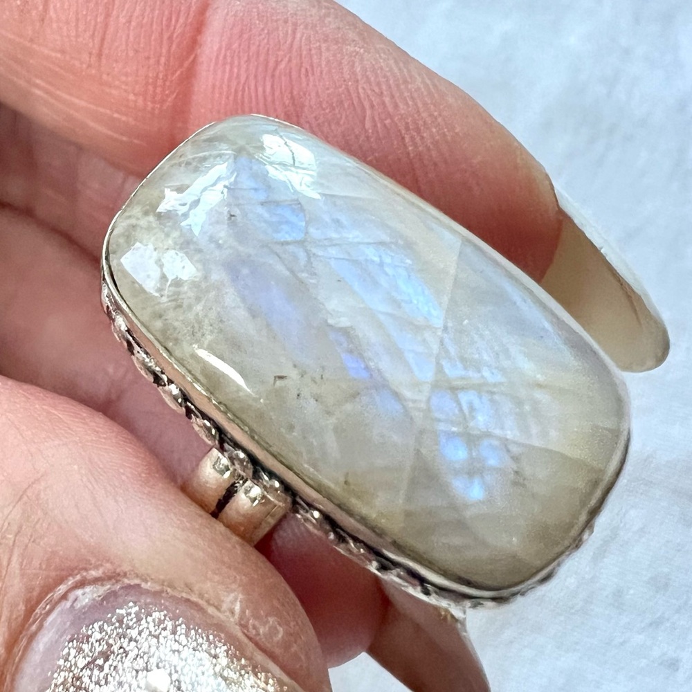 925 *flaw* Blue Flash PEACH MOONSTONE Ring 7.5 - Picture 3 of 12